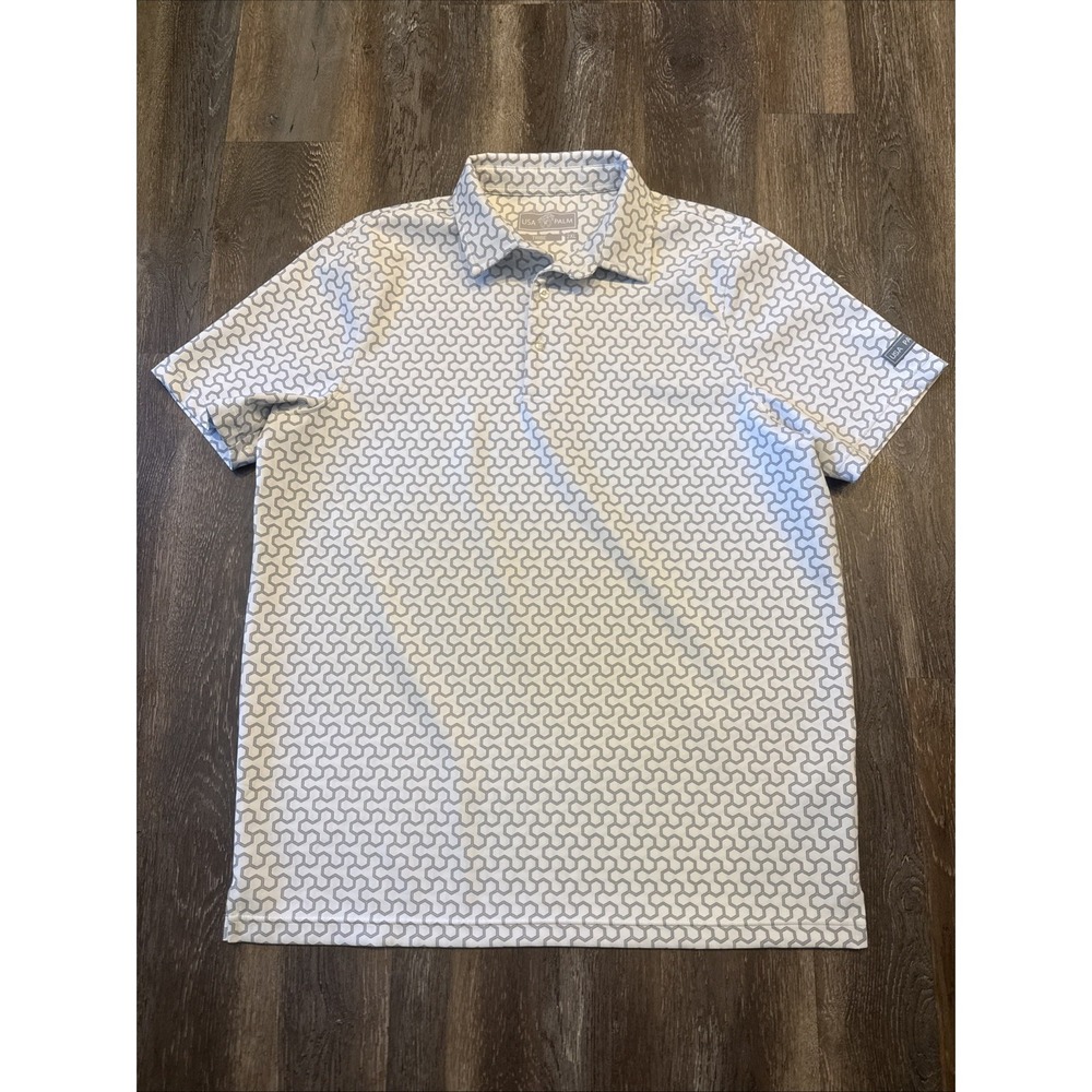 USA Palm Tribe Polo Shirt Men's 2XL White Gray Geometric Golf Performance